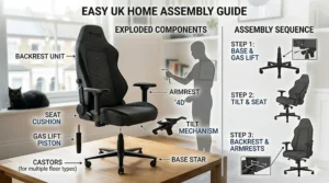 An exploded view diagram showing the simple assembly process of a home office swivel chair with UK-standard components.