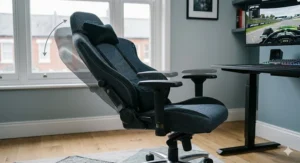 An exploded view technical illustration detailing the simple assembly process and components, including the base, tilt mechanism, gas lift, and upholstered backrest.