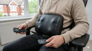 Close-up of a gaming chair with massage vibrators and a wired remote control for customisable settings.