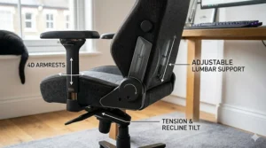 Diagram showing the adjustable lumbar support and 4D armrests of a gaming chair designed for long working hours.