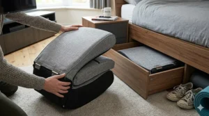 A photorealistic side-view cutaway illustration showing the ergonomic internal layers of a floor gaming chair, including a memory foam core and sculpted lumbar support.