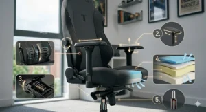 Close-up technical illustration of adjustable lumbar support and neck pillow on a professional gaming chair.