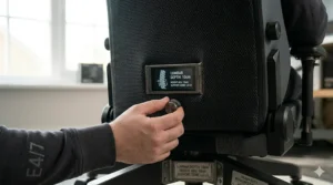 An illustration of adjustable lumbar support positioned for the spine of a taller person in a gaming chair.