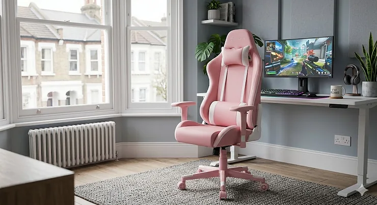 A high-back ergonomic pink gaming chair with adjustable armrests and lumbar support cushions in a modern home office. pink gaming chair