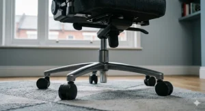 A close-up diagram illustrating the ergonomic neck pillow and lumbar cushion on a racing gaming chair, designed to support healthy posture during long gaming sessions.