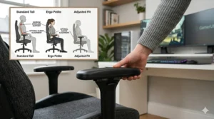 A comparison diagram showing optimal spine and elbow alignment on an Ergo Petite chair versus a standard tall gaming chair.
