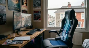 Illustration showing the lumbar support and neck cushion of a teen gaming chair to promote good posture during long study or play sessions.