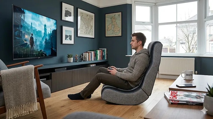 A young man playing video games in a comfortable grey floor gaming chair within a modern British living room featuring a bay window and white radiator. floor gaming chair