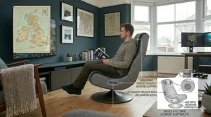 A young man reading a book in a floor gaming chair to demonstrate multi-purpose use in a cosy UK home snug or lounge.