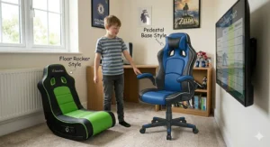 Illustration of two popular styles: a floor-based rocker and a pedestal-mounted gaming chair for children.