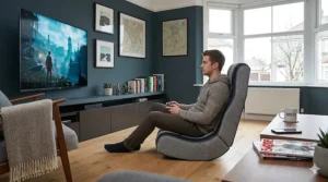 A close-up view of a grey fabric floor gaming chair folded for storage, partially tucked under a built-in wooden under-bed drawer in a modern British bedroom.