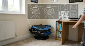 Illustration showing how a folding gaming chair for kids can be easily stored away to save space in smaller British bedrooms.