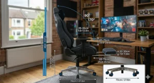 Side profile of a reclining gaming chair with a technical overlay showing dimensions in centimetres and inches.