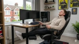 A reclining gaming chair with massage features and an extendable footrest for enhanced comfort during breaks.