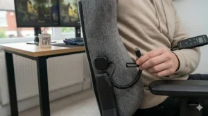 Detailed illustration of a USB-powered massage gaming chair showing the discreet cable management and connection.