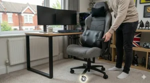 Underside view of a massage gaming chair showing the heavy-duty base and smooth-gliding castors for carpeted floors.