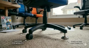 Durable nylon castor wheels on a teen gaming chair designed to glide smoothly on both carpeted and laminate bedroom floors.