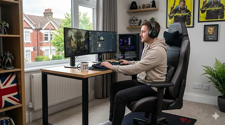 A high-back ergonomic gaming chair with massage functions and lumbar support in a modern British home office setting. gaming chair with massage