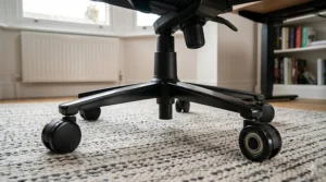 Reinforced steel base and smooth-rolling castors of a leather gaming chair suitable for carpeted floors.
