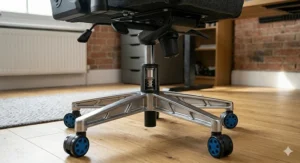 A technical close-up of the heavy-duty cast metal base and Class-4 gas lift piston on a reclining chair.