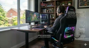Underneath view of a sturdy metal wheelbase and gas lift piston on a high-back RGB gaming chair.