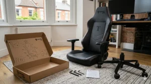 Exploded view illustration showing the easy assembly process of a leather gaming chair.