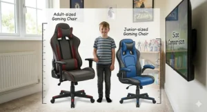 A size comparison guide showing the difference between a standard adult office chair and a junior gaming chair for kids.