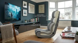 A junior-sized colourful floor gaming chair designed for children’s bedrooms and play areas in a typical UK home.