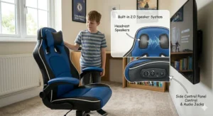 Close-up illustration of a gaming chair for kids featuring built-in headrest speakers and a side control panel for audio.