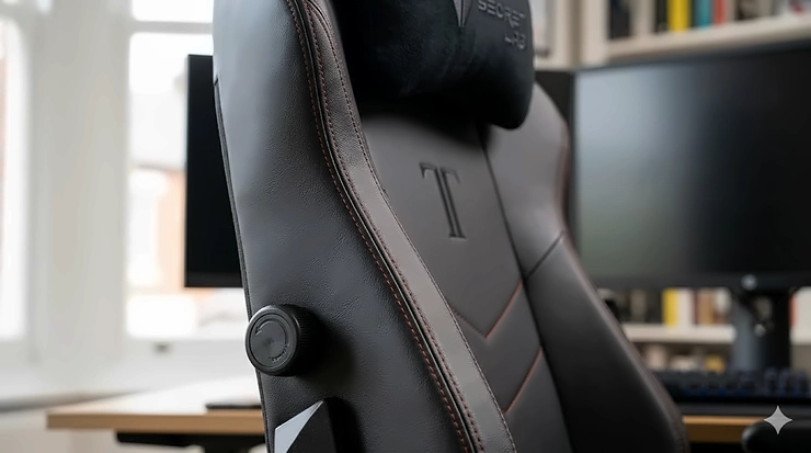 Close-up of adjustable lumbar support and headrest on a high-back leather gaming chair. leather gaming chair