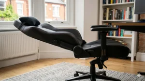 Side view demonstrating the 180-degree recline feature of a professional leather gaming chair.