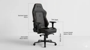Diagram showing the height and width dimensions of a leather gaming chair in centimetres.
