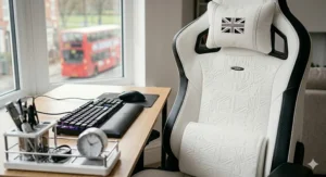 A white gaming chair paired with a minimalist wooden desk and a Union Jack accessory, showcasing a clean aesthetic for British gamers.