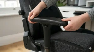 4D adjustable armrests on a gaming chair being moved inwards to provide ergonomic elbow and shoulder support for a person with a smaller frame.