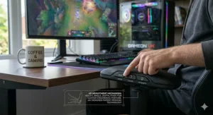 A complete British gaming room featuring a dual-monitor desk, mechanical keyboard, and a glowing RGB gaming chair.