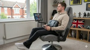 A pedestal-style gaming chair with massage functions, ideal for console gaming in a living room environment.