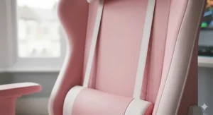 Close-up detail of the durable pink faux leather upholstery and white stitching on a premium gaming chair.