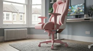 A diagram showing the height and width dimensions of a pink gaming chair, suitable for UK desk heights.