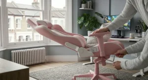 An overhead view of a pink gaming chair being assembled from a flat-pack box with a clear instruction manual.