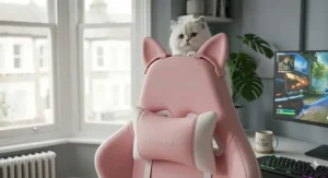 A pink and white gaming chair featuring removable velvet neck and lumbar support pillows for extra comfort.