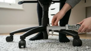 Detailed view of a 5-star matte black base and gas lift cylinder, measured with a caliper to ensure a custom fit for shorter leg lengths.