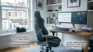 A sleek, neutral-coloured gaming chair that fits a professional home office aesthetic without bright gamer branding.