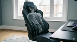 A close-up, low-angle technical illustration detailing the reinforced multi-function tilt mechanism and heavy-duty cast aluminium 5-star base of a racing gaming chair.