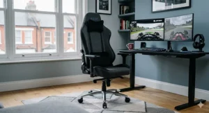 A technical front-facing illustration detailing the key dimensions of a racing gaming chair, including seat width, depth, and adjustable range, suitable for a UK home office.