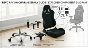 An underside view detailing the reinforced steel base and caster mechanism of a racing gaming chair, emphasising durability.