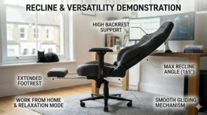 A gaming chair in a reclined position, demonstrating its versatility for both office work and relaxing with a console.