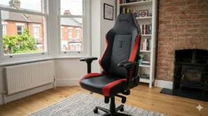 Racing-style leather gaming chair in red and black upholstery with 4D armrests.
