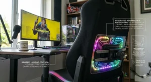 Illustration showing how to connect an RGB gaming chair to a USB power bank for wireless LED lighting.