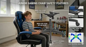 Diagram highlighting the safety features of a childrens gaming chair, including a stable non-tip base and smooth rounded edges.