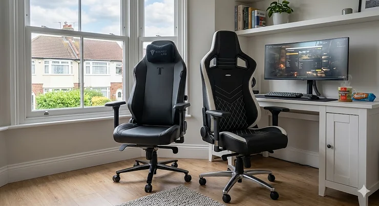 A side-by-side comparison of a SecretLab Titan Evo and a noblechairs EPIC series in a modern British home office, featuring natural lighting and culturally relevant details like a mug of tea. SecretLab vs noblechairs